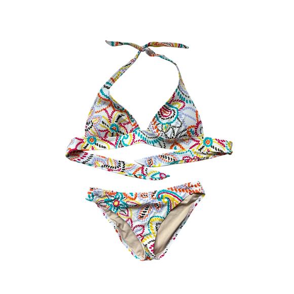 Victoria's Secret Bikini, L Triangle Top, M High Cut Bottom, White Multi Color - Picture 1 of 5